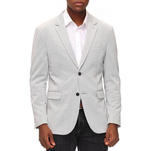 🆕Men's Light Grey Herringbone Blazer 2 Button Sport Coat Casual Knit Polyester - Picture 3 of 8